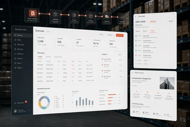 An order management platform brings statuses, work queues, ownership and exceptions into one operational view