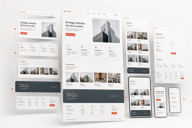 Layered white corporate webpages show a responsive design system across desktop, tablet and mobile layouts
